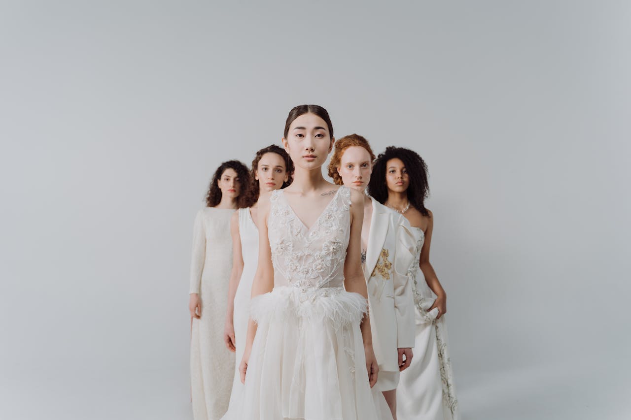 Stylish portrait of diverse women in bridal fashion, showcasing elegant and modern style.
